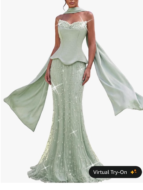 Vouiao Dresses & Skirts - Beaded Sequin Mermaid Evening Gown Scarf Green Size M